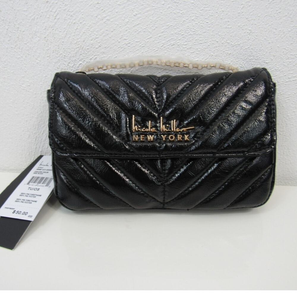 NWT Nicole Miller Black Quilted Faux Leather Crossbody Bag Gold Tone Chain Strap